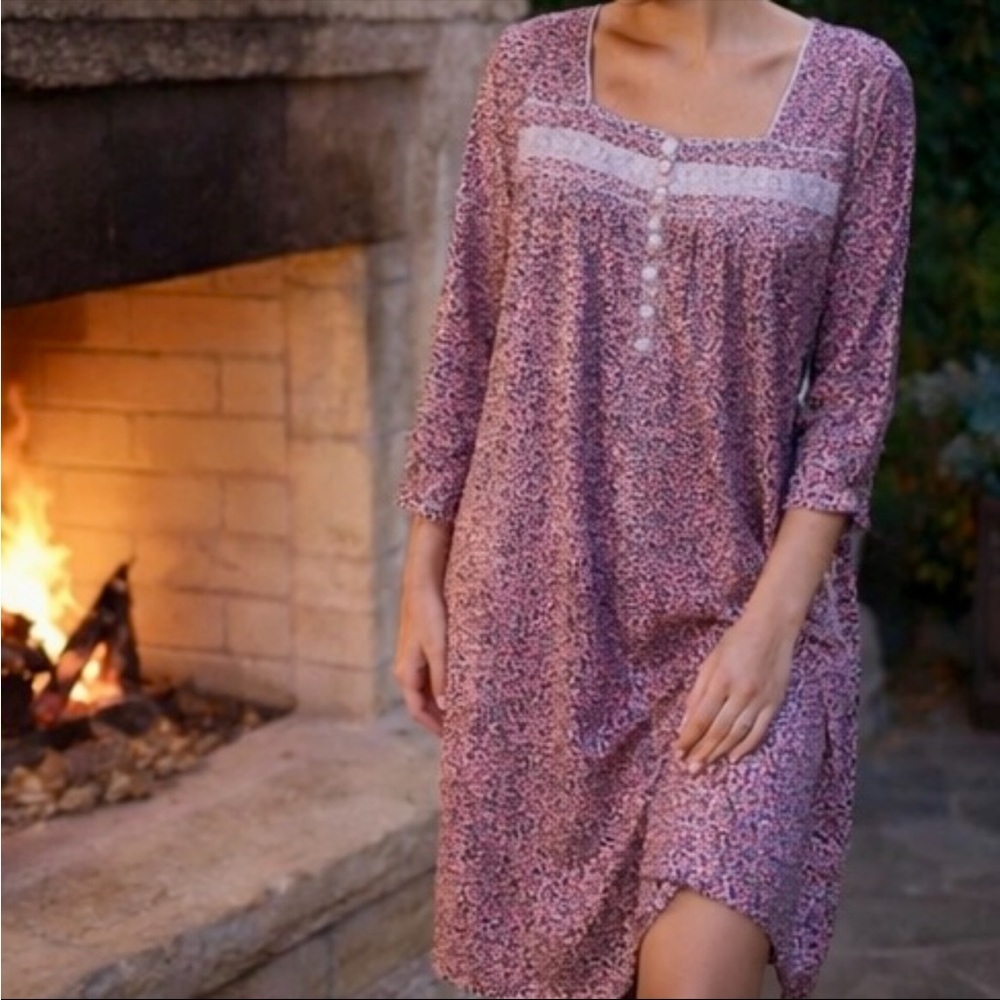 Eileen West Pink Embroidered Floral Nightgown S Cotton Long Sleeve Ruffle Lace